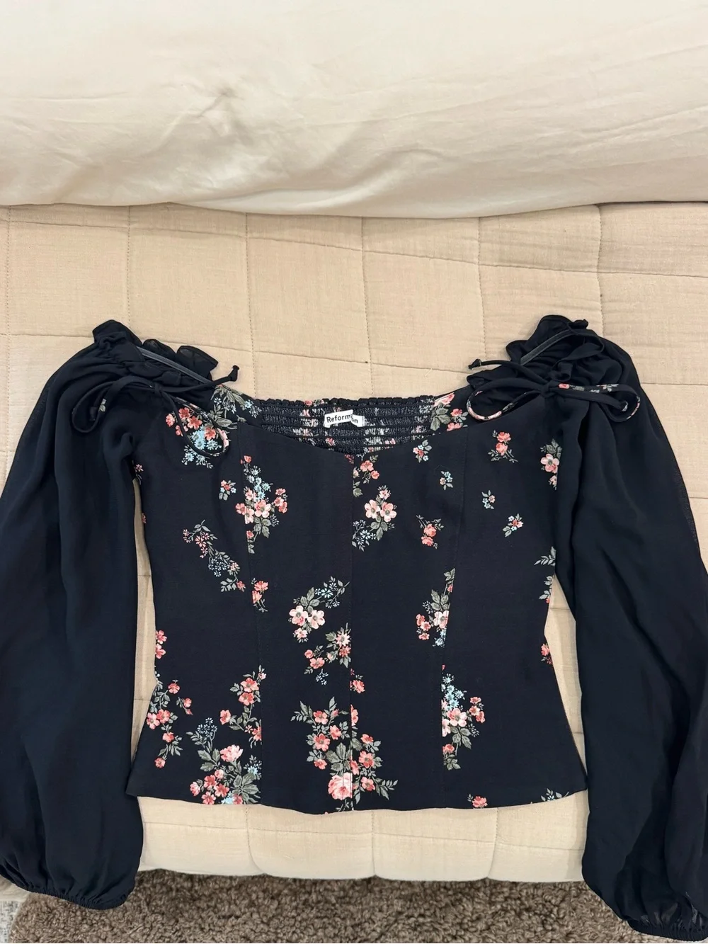 Reformation Floral Off-Shoulder Black Peasant Top